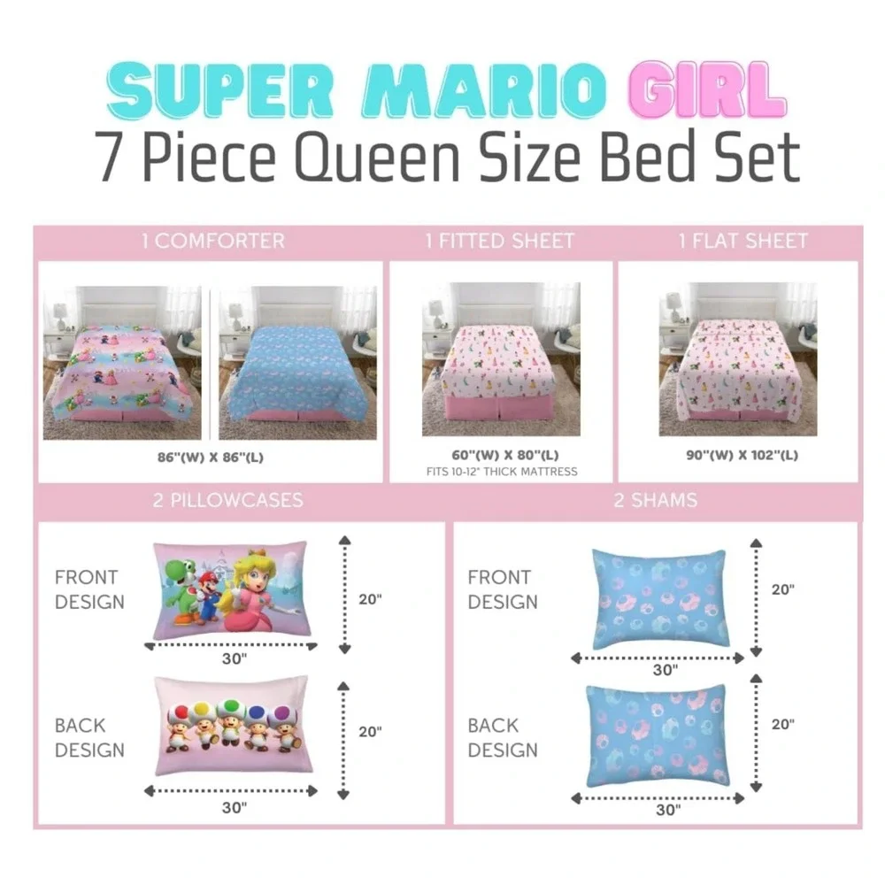 NEW 7 PIECE SUPER MARIO PRINCESS PEACH REVERSIBLE QUEEN COMFORTER AND SHEET SET
